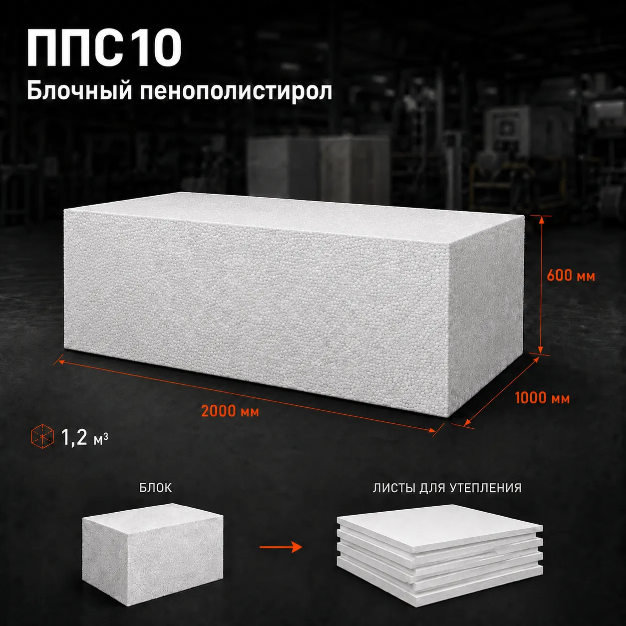 Пенопласт ППС10 2000x1000x600 мм