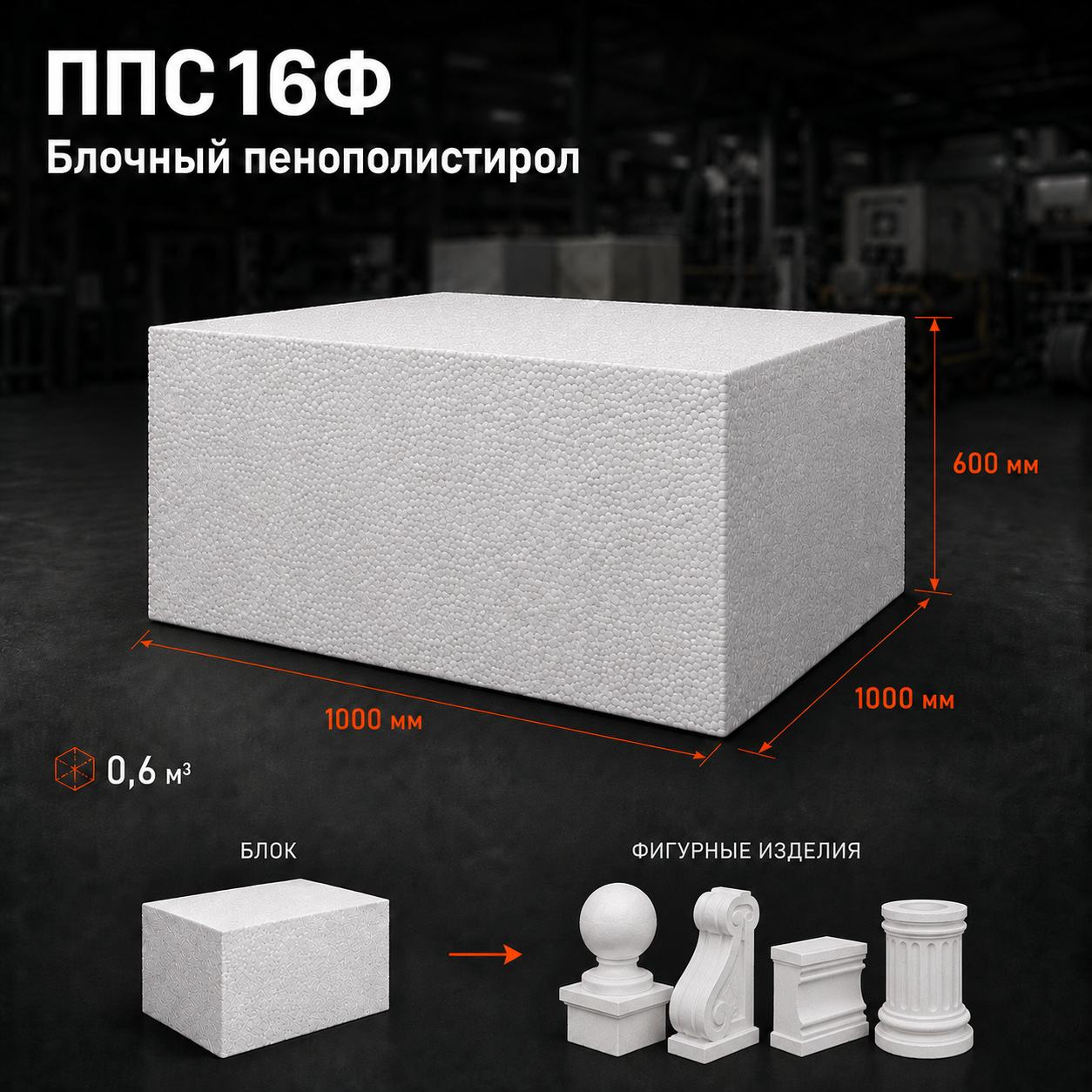 Пенопласт ППС16Ф 1000x1000x600 мм
