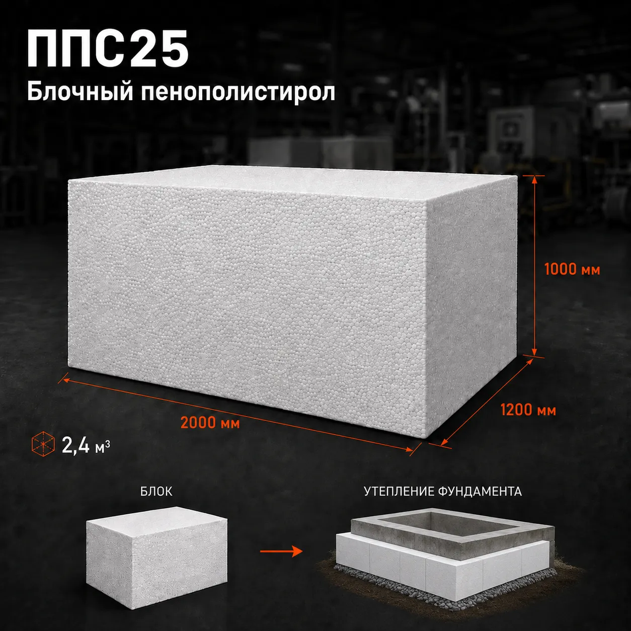 Пенопласт ППС25 2000x1200x1000 мм